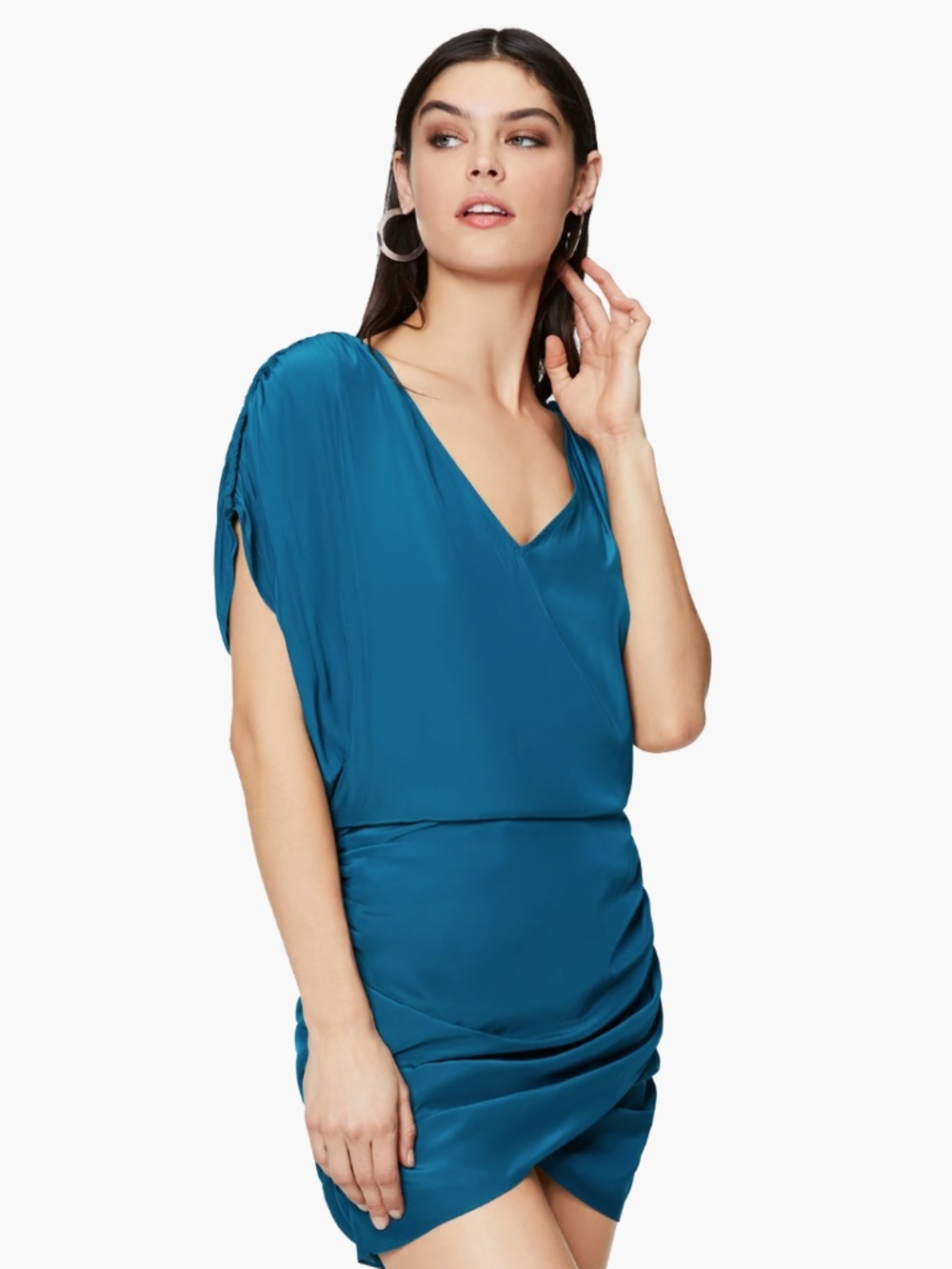 Ramy Brook Teal V-Neck Ruched Midi Dress